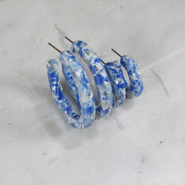 Blue marble hoop earrings