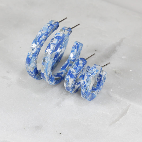 Blue marble hoop earrings