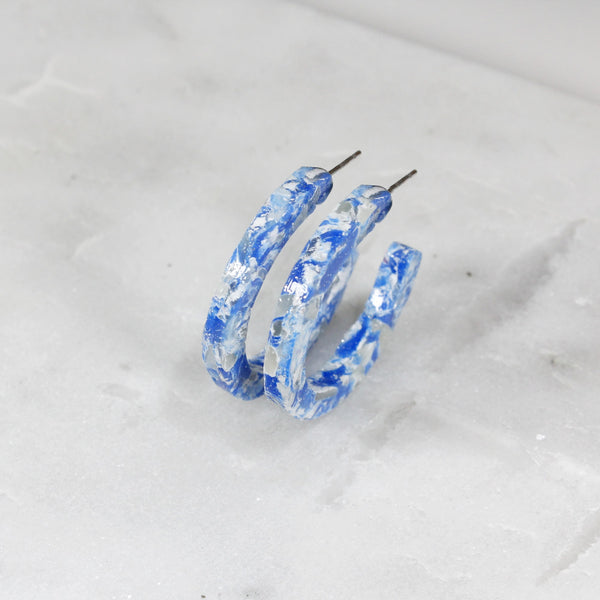 Blue marble hoop earrings
