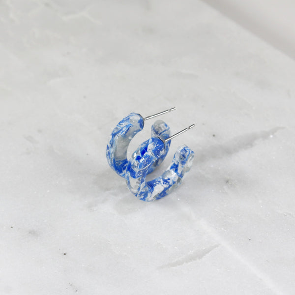Blue marble hoop earrings