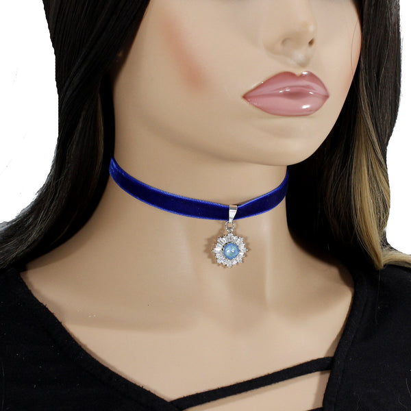 Royal blue velvet choker with blue cubic zirconia snowflake pendant