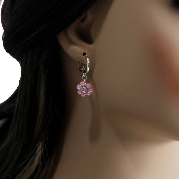 Sterling silver huggie earrings with pink daisy flower and rhinestone