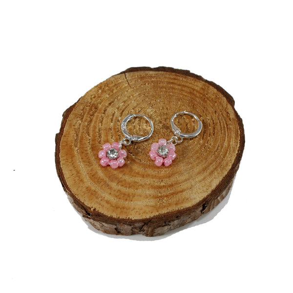 Sterling silver huggie earrings with pink daisy flower and rhinestone
