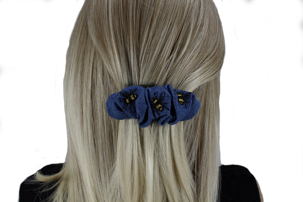 Denim barrette-scrunchie with bee embroidery for women or girls