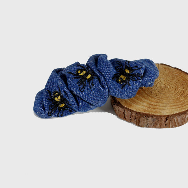 Denim barrette-scrunchie with bee embroidery for women or girls