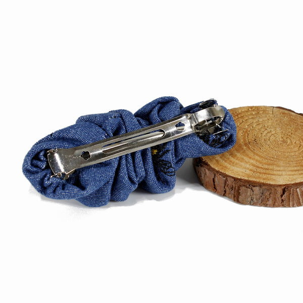 Denim barrette-scrunchie with bee embroidery for women or girls