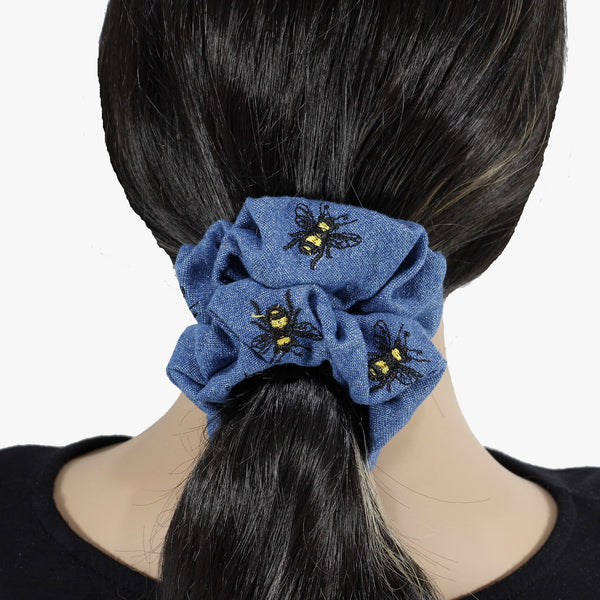 Denim with bee embroidery scrunchie