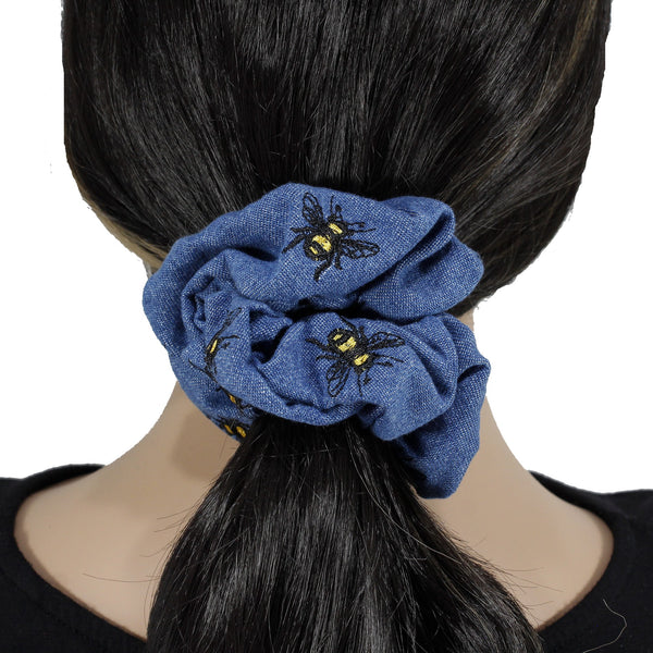 Denim with bee embroidery scrunchie