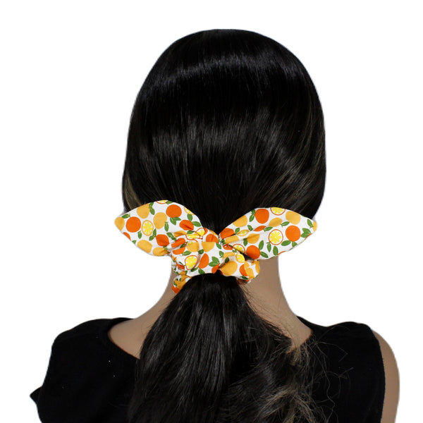 Playful fruits pattern scrunchies with rabbit ears