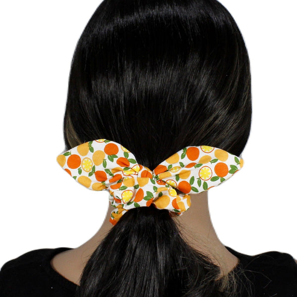 Playful fruits pattern scrunchies with rabbit ears