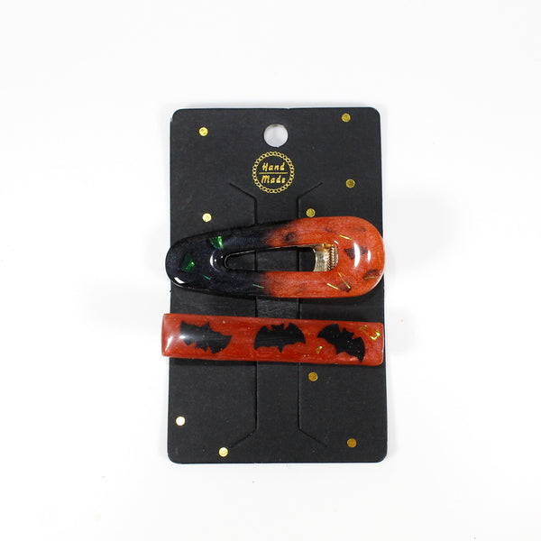 Halloween hair clip Orange and black with sparkles and bats hair clip