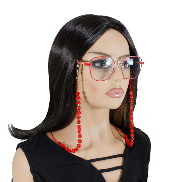 Handmade Red Flower Beaded Eyeglass Chain – Bright Red Glass Bead Eyewear Holder Strap for Glasses or Sunglasses