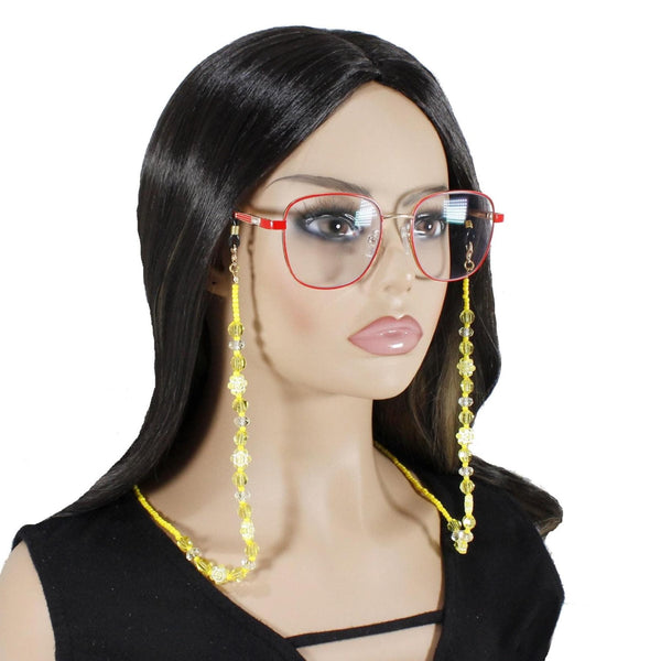 Bright Yellow adorned with Smiley Flowers Beaded Eyeglass Chain – Handmade Eyewear Holder Strap for Glasses or Sunglasses
