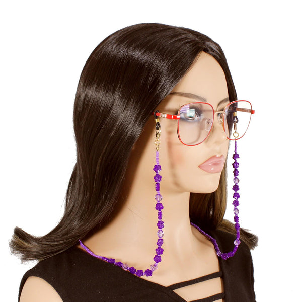 Bright Purple Floral Beaded Eyeglass Chain – Handmade Eyewear Holder Strap for Glasses or Sunglasses