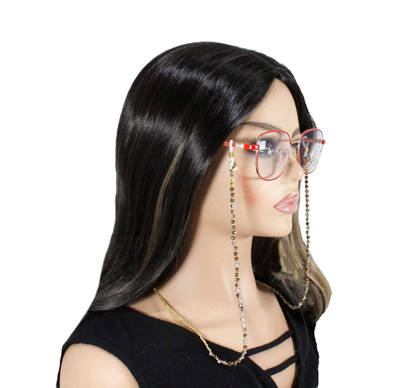 Model wearing handmade beaded eyeglass chain with colorful glasses, showcasing stylish eyewear accessory.
