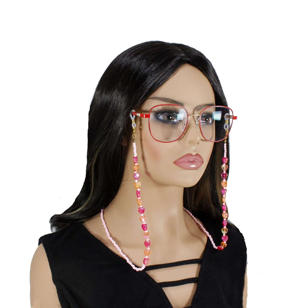 Handmade Beaded Eyeglass Chain – Sparkling Glass pink and orange Hearts Eyewear Holder Strap for Glasses or Sunglasses