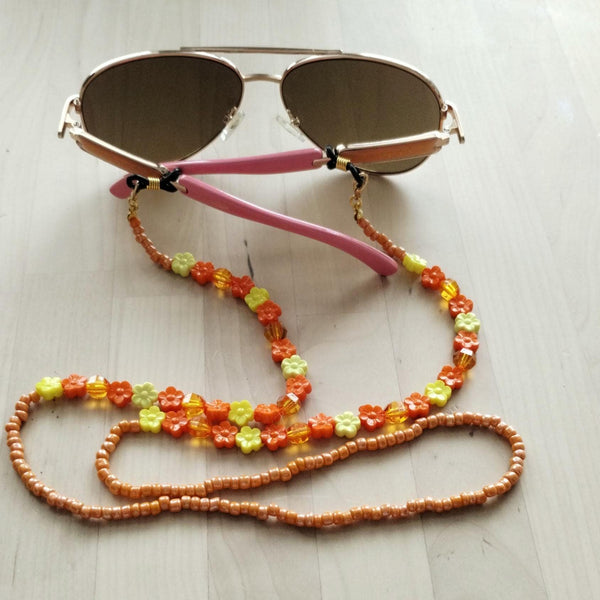 Bright Orange and Yellow Floral Beaded Eyeglass Chain – Handmade Eyewear Holder Strap for Glasses or Sunglasses