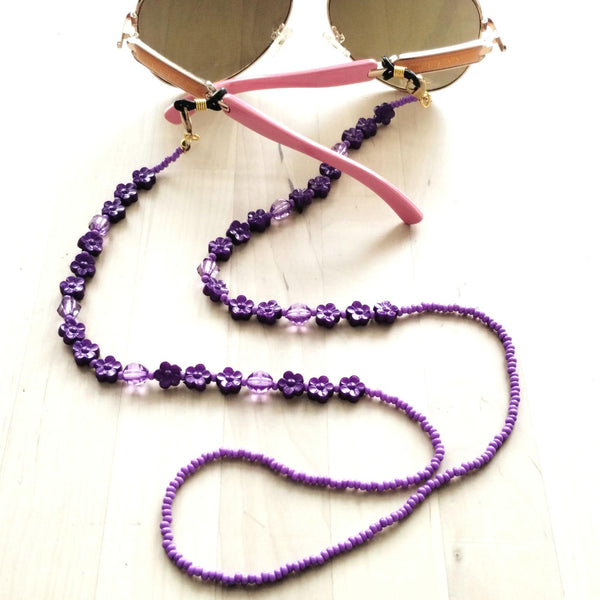 Bright Purple Floral Beaded Eyeglass Chain – Handmade Eyewear Holder Strap for Glasses or Sunglasses