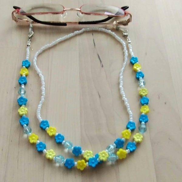 Sky-Blue & Yellow Flower Beaded Eyeglass Chain – Handmade Eyewear Holder Strap for Glasses or Sunglasses