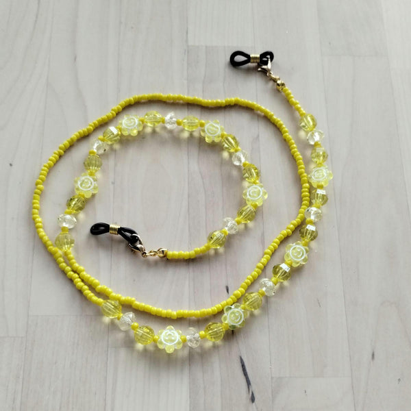Bright Yellow adorned with Smiley Flowers Beaded Eyeglass Chain – Handmade Eyewear Holder Strap for Glasses or Sunglasses