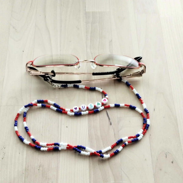 American flag–inspired eyeglass strap featuring "USA" lettering — perfect for summer, 4th of July patriotic flair Glasses Holder
