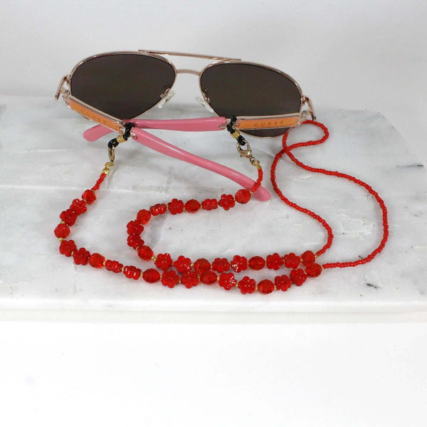 Handmade Red Flower Beaded Eyeglass Chain – Bright Red Glass Bead Eyewear Holder Strap for Glasses or Sunglasses
