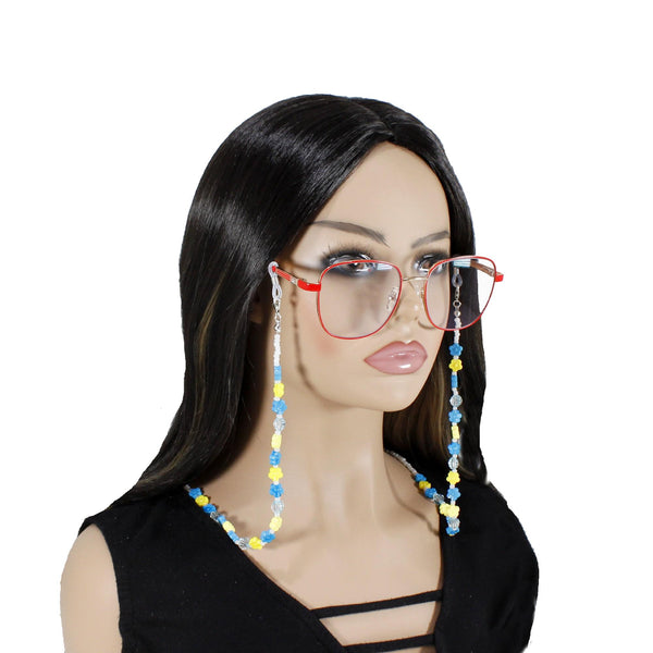 Sky-Blue & Yellow Flower Beaded Eyeglass Chain – Handmade Eyewear Holder Strap for Glasses or Sunglasses