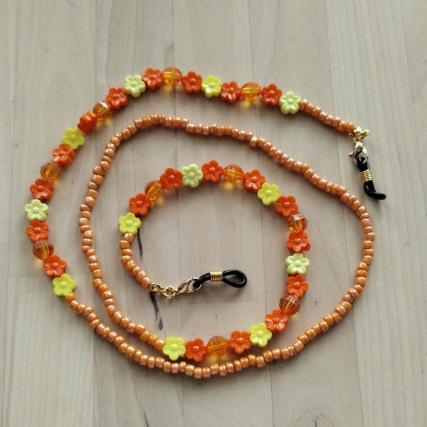 Bright Orange and Yellow Floral Beaded Eyeglass Chain – Handmade Eyewear Holder Strap for Glasses or Sunglasses