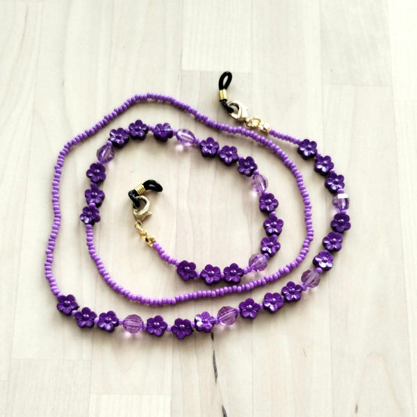 Bright Purple Floral Beaded Eyeglass Chain – Handmade Eyewear Holder Strap for Glasses or Sunglasses