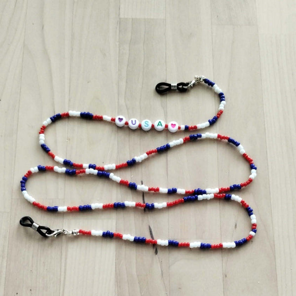 American flag–inspired eyeglass strap featuring "USA" lettering — perfect for summer, 4th of July patriotic flair Glasses Holder