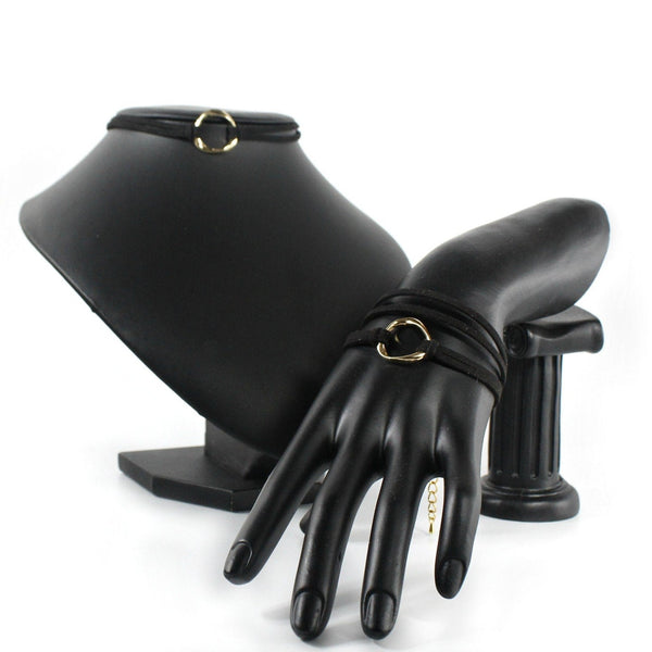 Simple multilayer suede leather with a gold tone open circle bracelet and choker