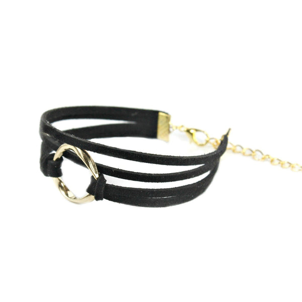 multilayer suede leather with a gold tone open circle bracelet