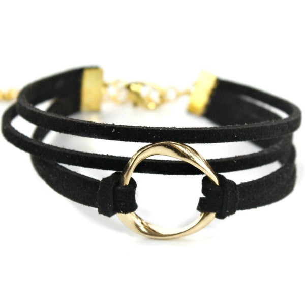 Simple multilayer suede leather with a gold tone open circle bracelet