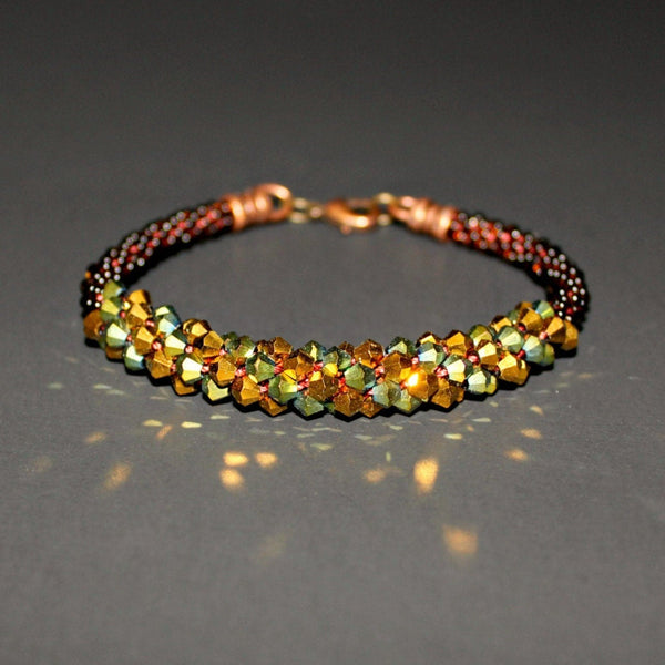 beaded olive green with gold hue and brown beads bracelet for women