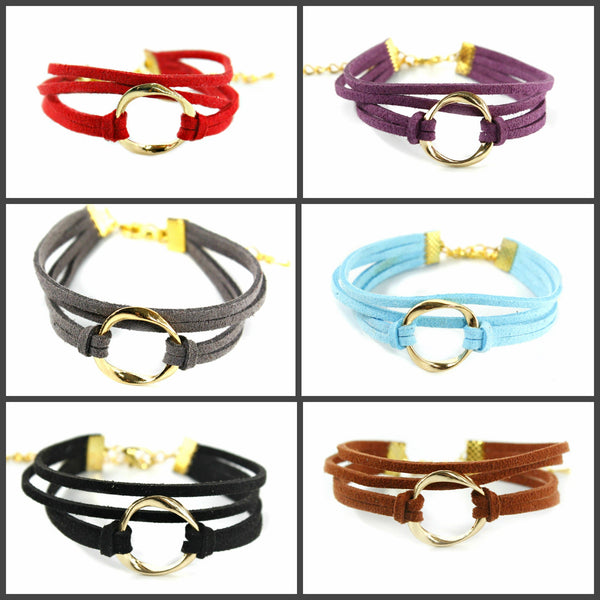 Simple multilayer suede leather with a gold tone open circle bracelet