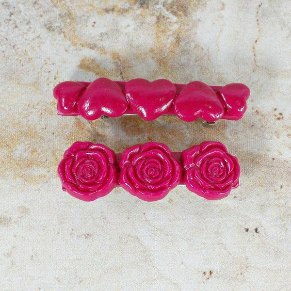 Heart and roses hair barrettes for thin or kid's hair