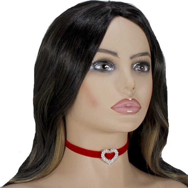 Red velvet choker with rhinestone gold/silver heart charm for woman