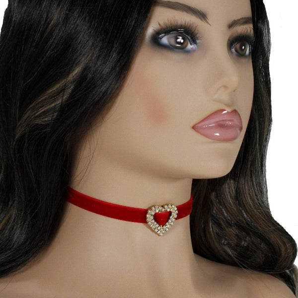 Red velvet choker with rhinestone gold or silver heart charm for women