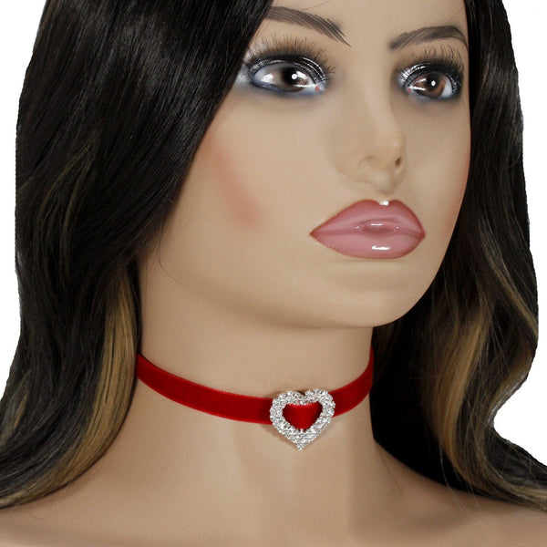 Red velvet choker with rhinestone gold or silver heart charm for women