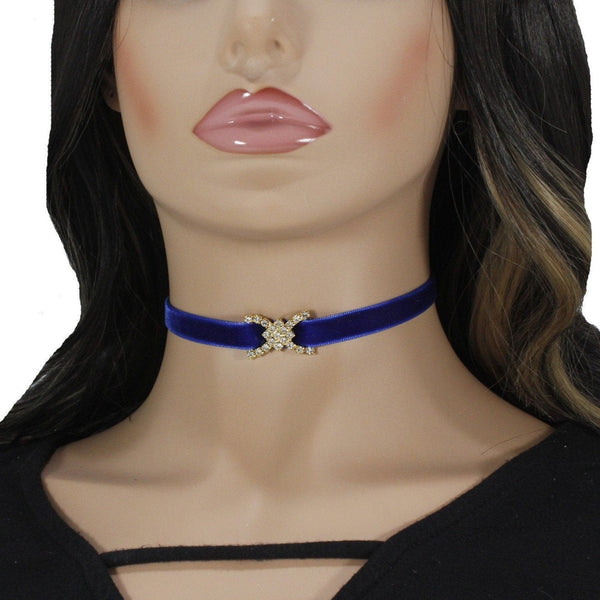 Royal blue velvet choker with rhinestone flower or heart pendant charm for women