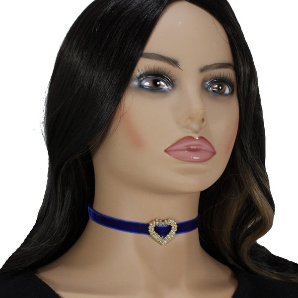 Royal blue velvet choker with rhinestone flower or heart pendant charm for women