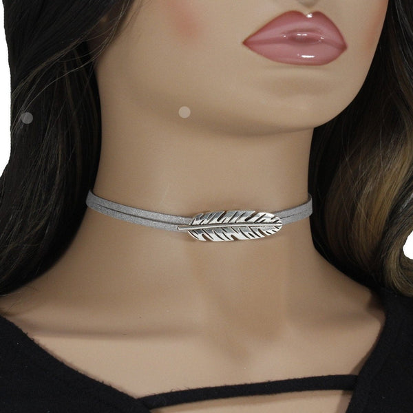 Silver feather choker necklace for woman