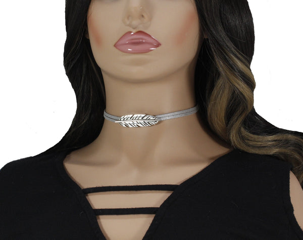Silver feather choker necklace for woman