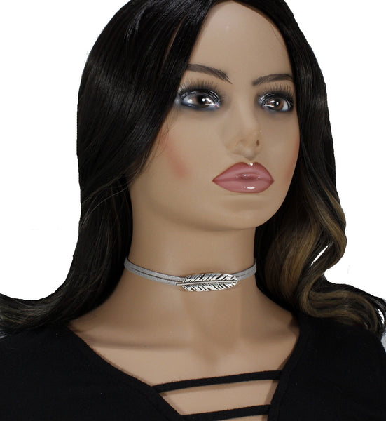 Silver feather choker necklace for woman