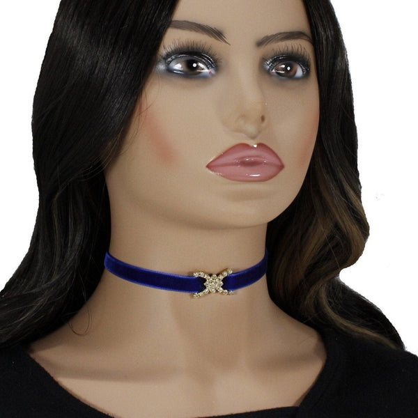 Royal blue velvet choker with rhinestone flower