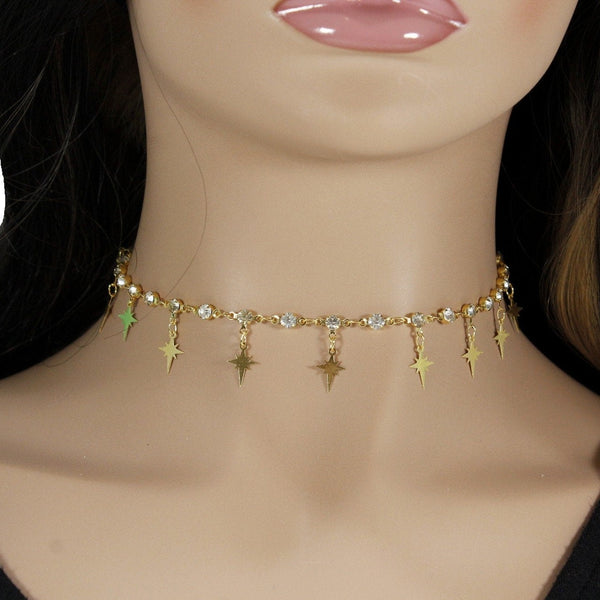 sparkle rhinestones and stars charms on gold-plated choker necklace