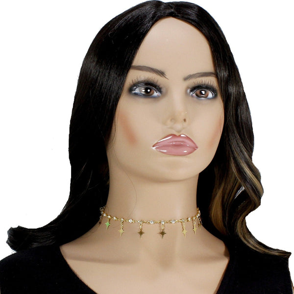 gold choker necklace with dangle star charms and rhinestones