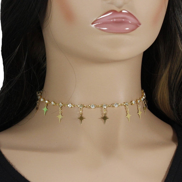 Celestial gold choker necklace with rhinestones and shiny stars charms