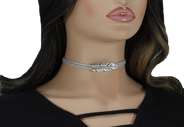 Silver feather choker necklace for woman