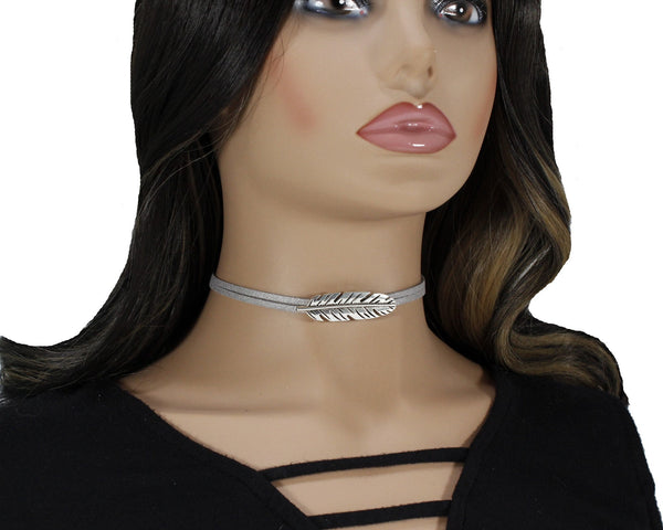 Silver feather choker necklace for woman